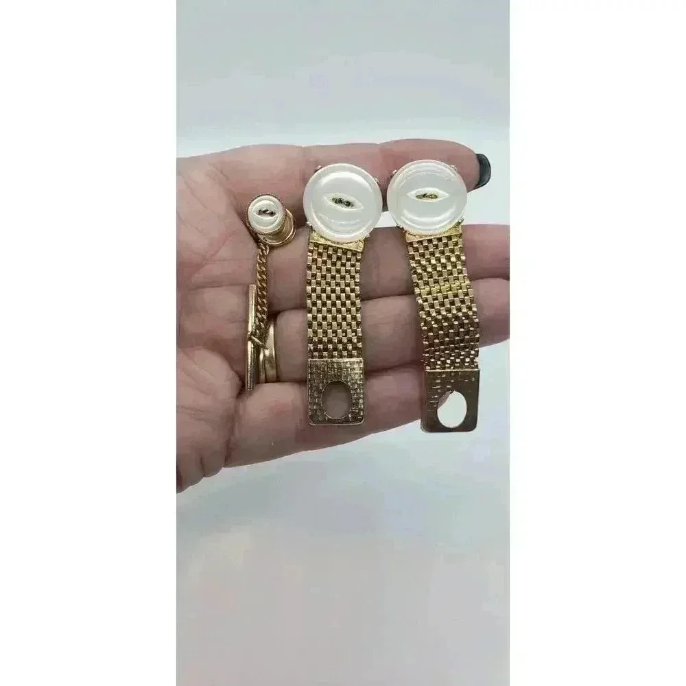 Vintage Hickok CuffLink Tie Tack Set Gold Mesh Wrap around MCM 60s Button Accent